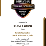 Received International Teaching Excellence Award, on the occasion of International Day of Education.